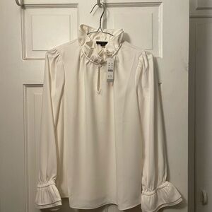 J. Crew Cream Ruffled Keyhole Long-Sleeve Blouse
